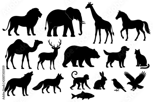 Silhouette collection of wild and domestic animal shapes.