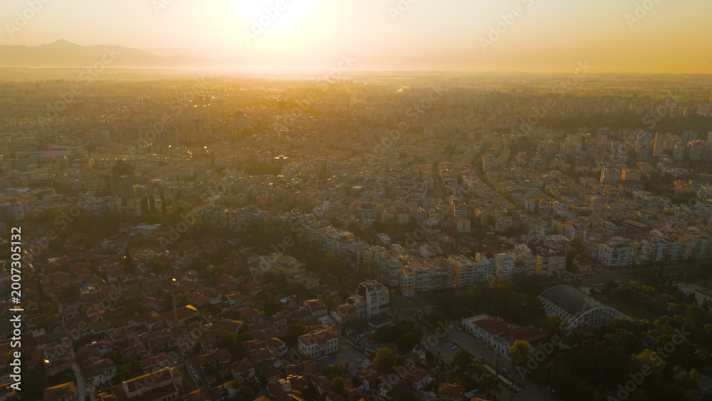 Obraz premium Antalya, Turkey. Aerial drone view showing historic Kaleici district, Kecili Park green space and modern city development in morning light.. Aerial View