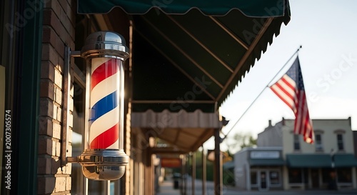 Classic barber pole with vintage Americana aesthetic, warm sunlight, nostalgic small-town vibe, retro charm, soft light, timeless barbershop symbol.