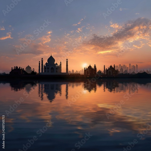 Majestic silhouette of the Taj Mahal at sunset reflecting on a tranquil water surface