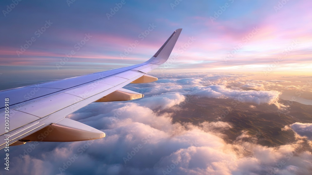 Obraz premium Serene Aerial View from Airplane Wing over Colorful Sunset Clouds in the Sky