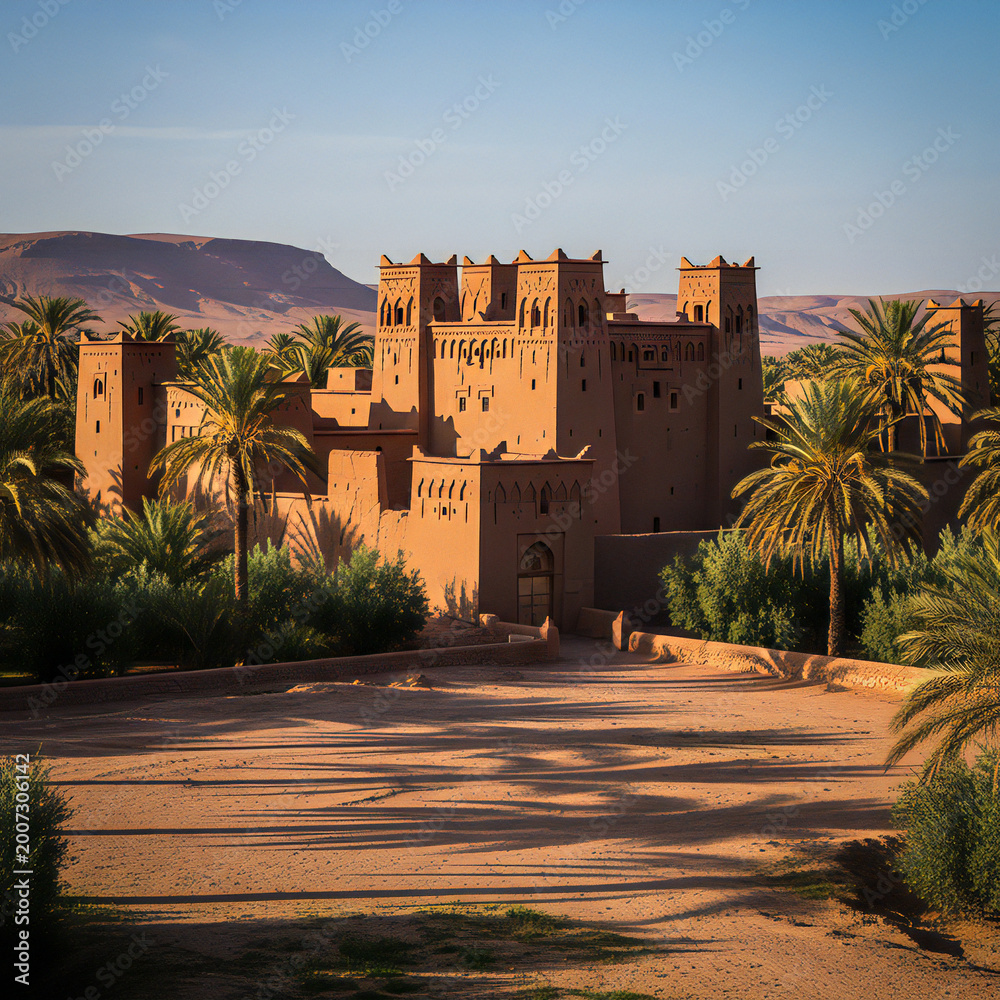 Fototapeta premium Majestic ancient sandcastle fortress or kasbah in a desert oasis surrounded by palm trees under a clear blue sky, Morocco architecture.