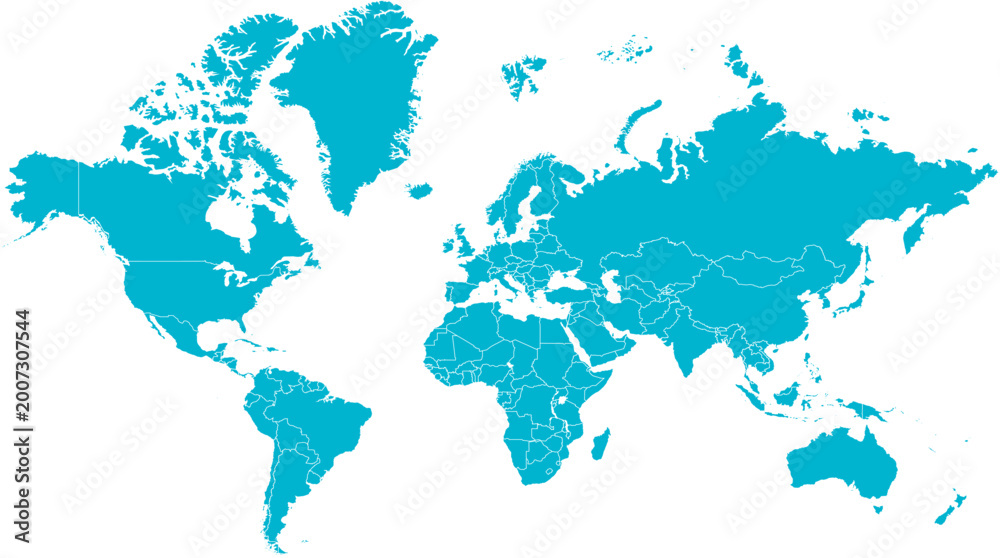 Obraz premium A cyan blue world map on white background.