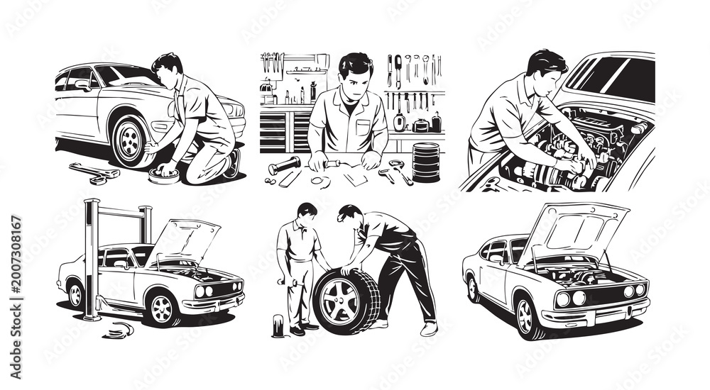 Obraz premium Detailed sketches of professional car mechanics working on vehicle maintenance in automotive garage
