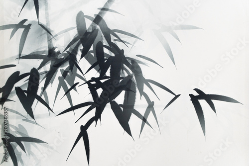 Bamboo stalks and leaves painted in sumi-e style