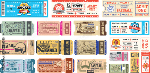 Vászonkép Baseball Game Ticket Template Set Vintage Sports Event Admission Pass Design Vec
