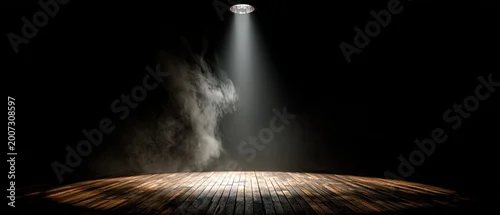 Panel kuchenny z motywem Spotlight illuminates a smoky wooden stage with dramatic lighting and shadows
