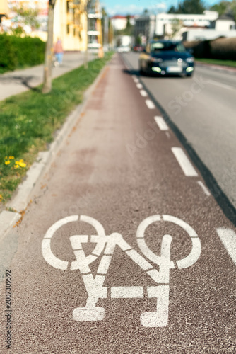 Bike lane marking on urban street in Ruzomberok Slovakia