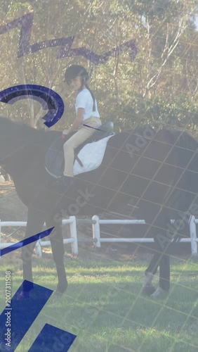 Vertical video: Rider nudging reins, starting horse walk for riding lesson, blue grid framing rider
