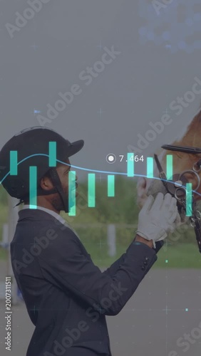 Vertical video: Rider gloving, fitting bit and checking fit for riding, with teal chart overlay
