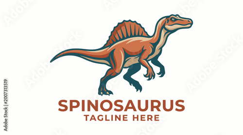 Bilde på lerret This logo features a vibrant illustration of Spinosaurus, the iconic dinosaur with a distinctive sail on its back, representing strength, history, and fascination with prehistoric life