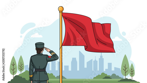 Proud military officer in uniform saluting a large red flag flying on a pole against a modern city skyline and green forest trees.