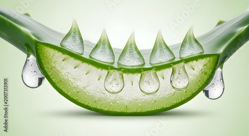 Fresh aloe vera leaf with clear gel droplets, natural skincare ingredient, hydrating aloe extract for beauty products, herbal medicine, and health concepts.