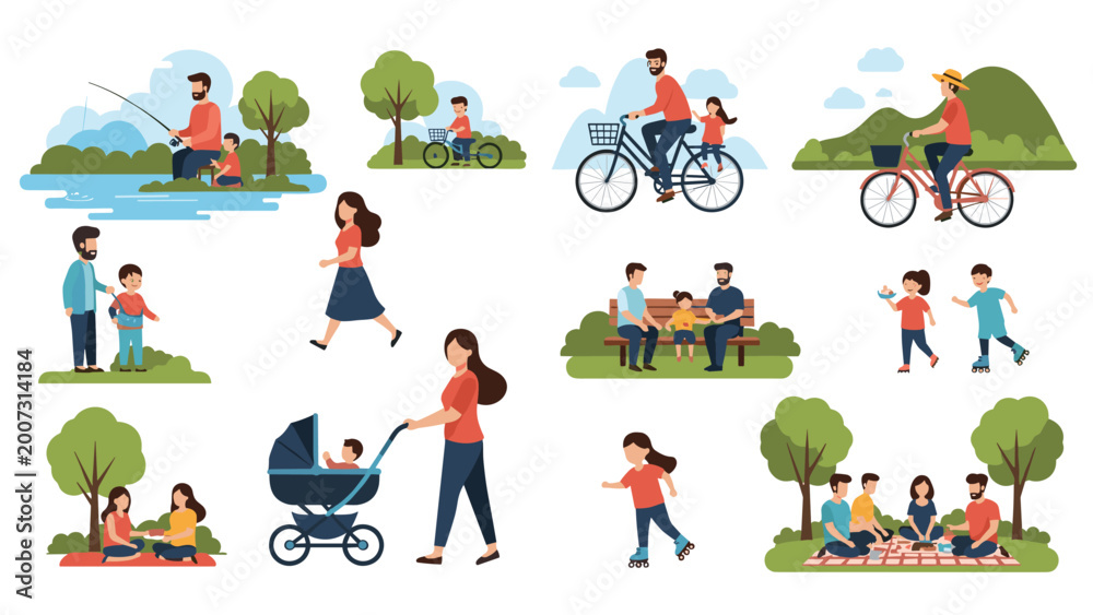 Fototapeta premium Collection of scenes showing diverse people enjoying various recreational activities in a public park during a sunny day.