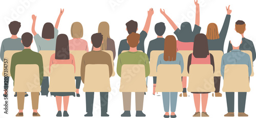 Tableau sur toile A diverse group of people sitting on chairs seen from behind raising their hands during a seminar event