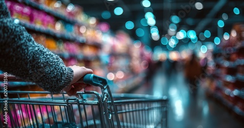 Hand of a shopper holding a shopping cart in a brightly lit grocery store aisle filled with colorful products and blurred background shoppers