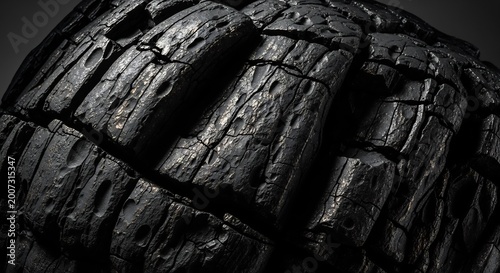 Close up macro shot of cracked black charcoal texture.