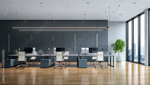 Tableau sur toile Modern open space office interior with minimalist design, workstations with computers and ergonomic chairs, wooden floor and large panoramic windows with city view