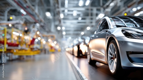Modern Electric Car Assembly Line in Futuristic Manufacturing Facility with Automated Equipment and Quality Control Systems