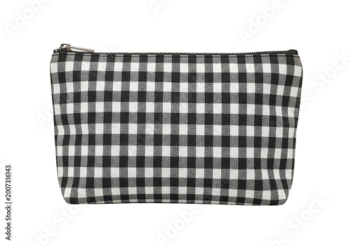 Black and white checkered cosmetic bag with zipper, fashion accessory for makeup and toiletries, isolated on transparent background, stylish pouch.