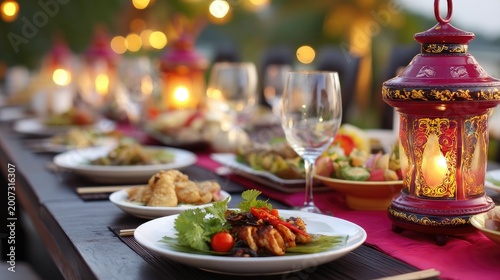 Elegant outdoor dining setup with colorful food, candlelight, and decorative lanterns in a warm evening atmosphere