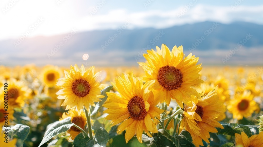 Fototapeta premium Vibrant Sunflowers Blooms in a Lush Field Under Bright Blue Sky and Shining Sunlight