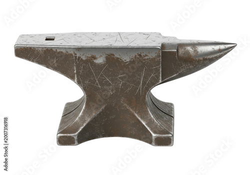 Heavy duty metal anvil with a worn, scratched surface, a robust tool for blacksmithing and metalworking, isolated on a transparent background.
