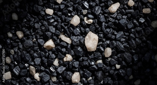 Close-up macro shot of dark volcanic sand with scattered light-colored pebbles.