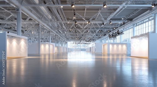 Spacious and Modern Indoor Exhibition Hall with Bright Lighting and Empty White Walls for Events and Displays