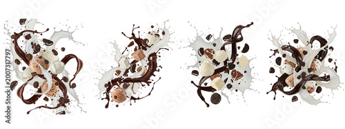 Ice cream scoops with chocolate cookies and milk splash on black background