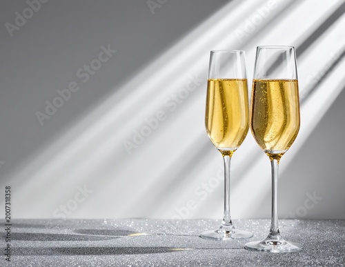 Two sparkling champagne flutes on a wooden table, soft warm lighting and gentle bubbles rising in each glass