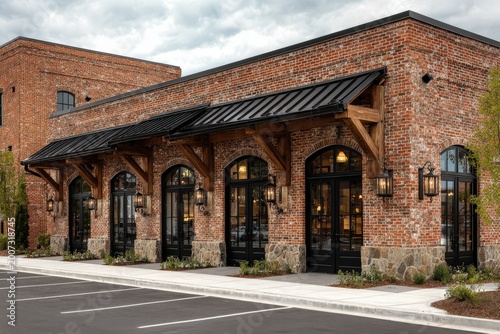 Modern brick building with wooden accents and large windows, featuring a stylish facade and outdoor lighting, located in a suburban area with a paved parking lot