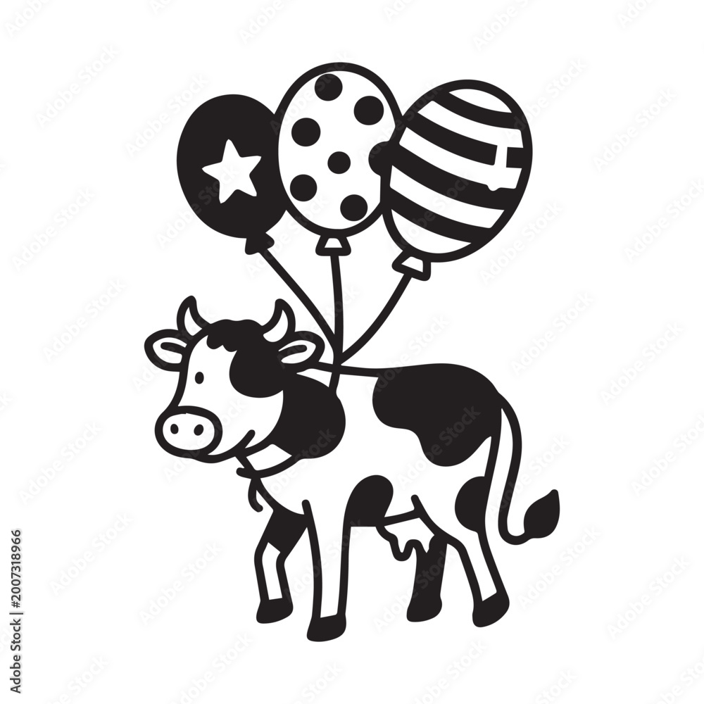 Naklejka premium Cute Cartoon Cow Floating with Three Patterned Balloons Black and White Vector Illustration