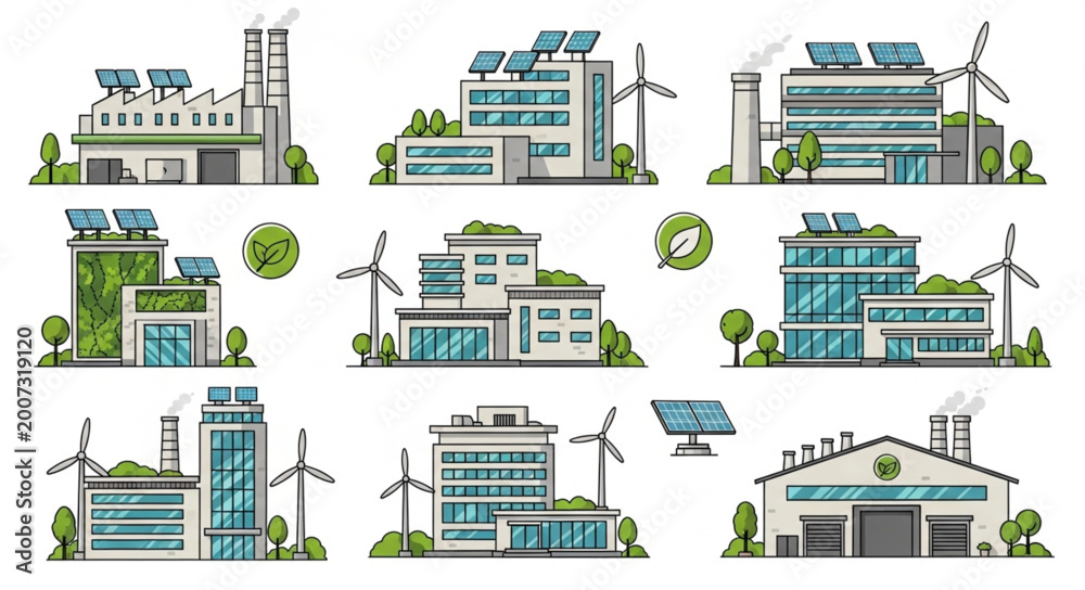 Fototapeta premium Collection of modern eco-friendly buildings with solar panels and wind turbines.