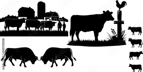 Farm livestock silhouette collection featuring cows, rural landscape, barn scene, and cattle in various poses for agriculture and dairy design