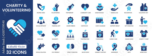 Charity and Volunteering icon set. Containing charity, assistance, volunteerism, selfless, sympathy, compassion, kindness, selfless, benevolence and more. Solid vector icons set collection.