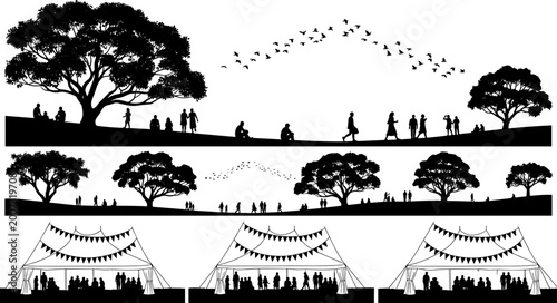 Park landscape silhouettes with people walking trees birds outdoor leisure festival tents scene isolated on white background for creative design use