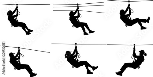 Zip line silhouettes collection with people riding aerial cable adventure activity outdoor recreation extreme sport isolated on white background