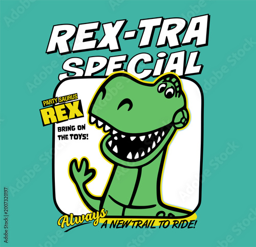 Playful dinosaur illustration with a fun rex character. Perfect for kids clothing, cartoon themes, and creative designs.