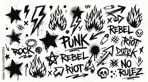 Punk rock graffiti set with spray paint style elements including stars lightning bolts flames skulls arrows and hand drawn typography slogans for youth subculture rebellious creative design projects.
