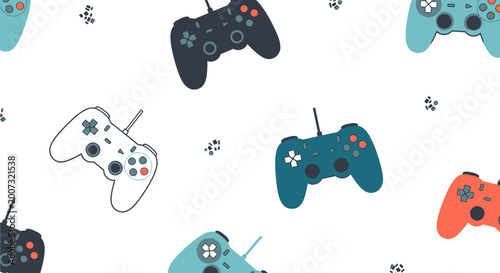 Colorful video game controllers seamless pattern for gaming backgrounds.