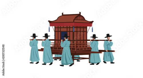 Tableau sur toile Illustration of a traditional Korean procession with men carrying a ceremonial sedan chair
