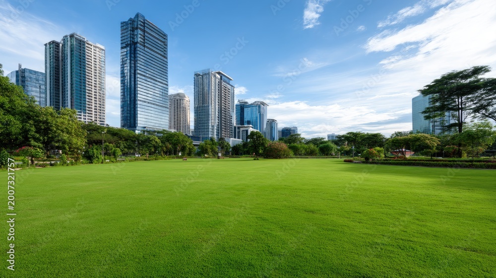 Obraz premium Lush Green Park Surrounded by Modern Skyscrapers Under Bright Blue Sky in City Landscape