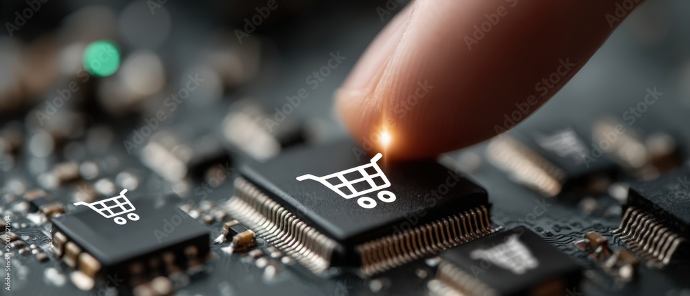 Obraz premium Finger pressing digital shopping cart icon on microchip circuit board, representing e-commerce technology and online shopping concept in modern electronics