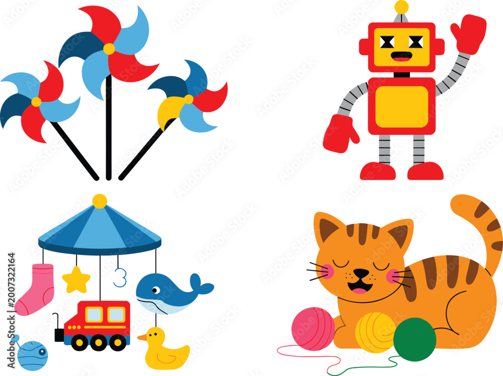 Fototapeta premium Colorful Toy Collection for Kids Featuring Pinwheels, Robot, Duck, Cat, and Toy Train for Fun Playtime and Learning