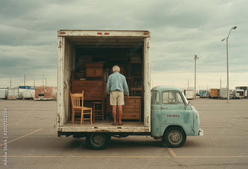 Naklejka premium Elderly man unloading wooden furniture from a vintage truck in an empty parking lot, with cloudy skies and storage trailers in the background
