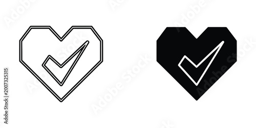 Heart icon with white checkmark inside black and white outline version