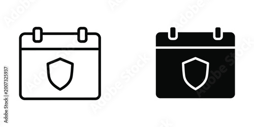 Calendar icon with shield symbol in black and white versions