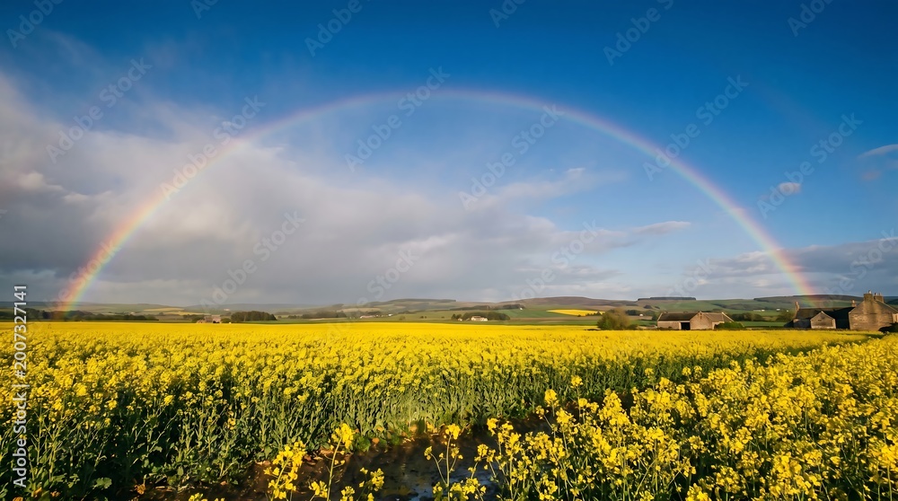Obraz premium Vibrant rainbow stretching across a serene rapeseed field landscape under blue sky