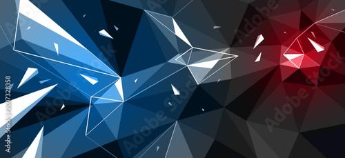 Canvas Print Dark polygonal vector abstract background with color spotlights, low poly surface with explosion of flying debris particles, 3D dynamism broken structure, motion force elements